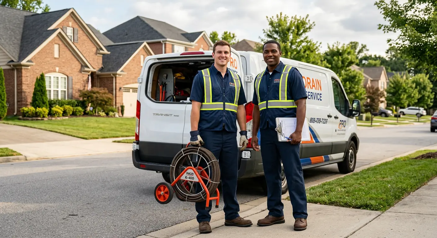 Sewer and drain service team with equipment ready for work in Greenfield