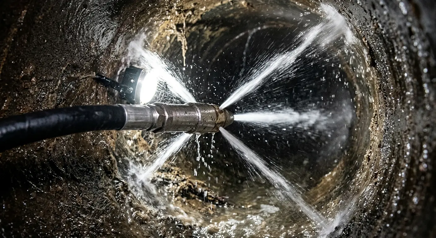 High-pressure hydro jetting nozzle cleaning sewer pipe for Sewer Cleanout in Greenfield